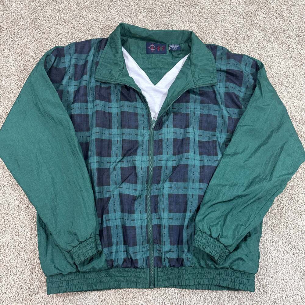 Vintage Roundtree & Yorke Sport Green Plaid Nylon Windbreaker Jacket Large EUC